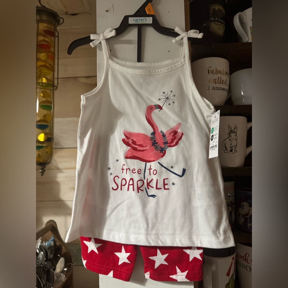 Brand New Kids Carter’s 2-Piece Girls Set Flamingo Patriotic Sparkle Star 4T